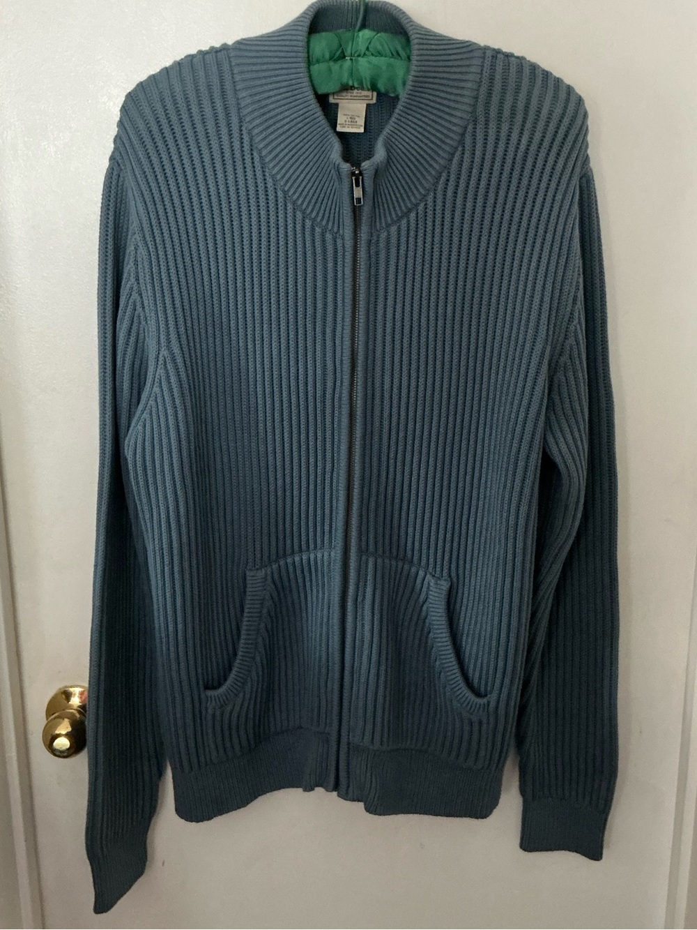 L.L. Bean Men's Zip-Up Ribbed Cardigan in Slate Blue 100% Cotton